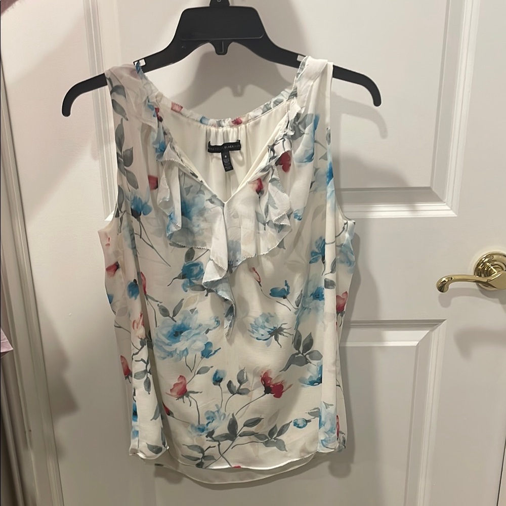Floral Sleeveless Top - White with Blue and Red Accents